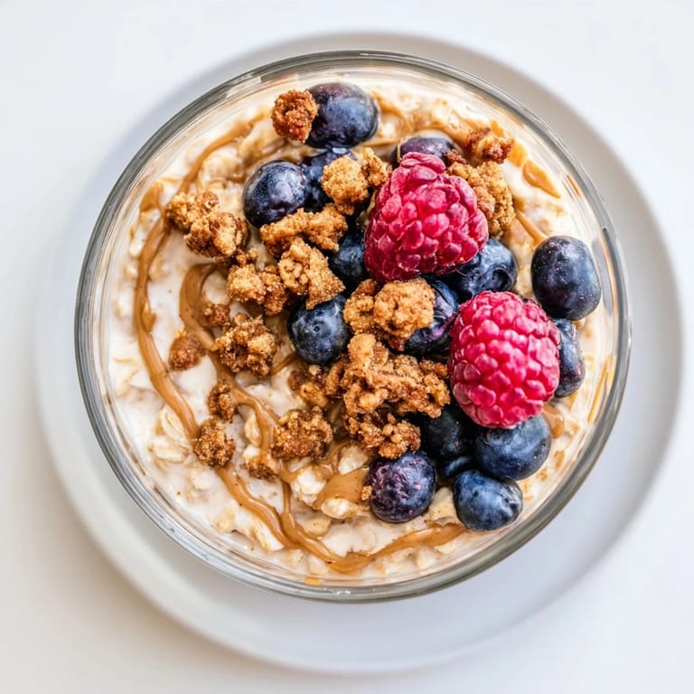 Gourmet Overnight Oats, rich with espresso, look delicious with fresh berries and crunchy granola.