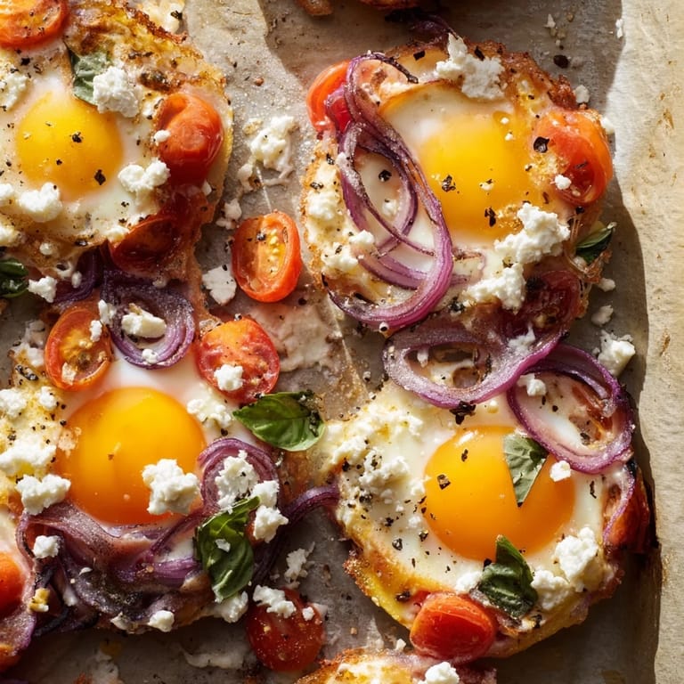 Golden, slightly runny yolks star in this flavorful sheet pan Tomato Feta Baked Eggs breakfast recipe.