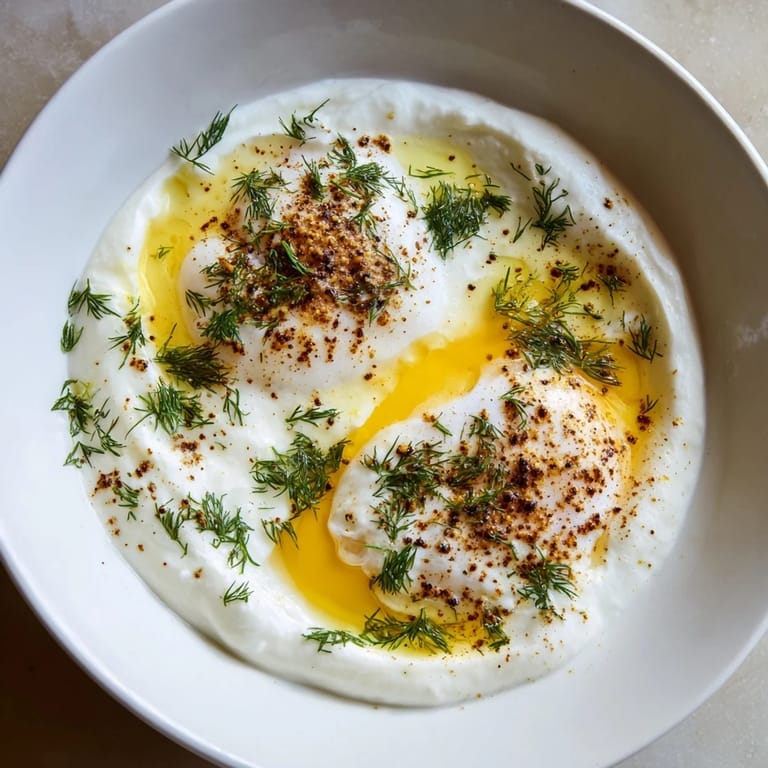 A flavorful Turkish breakfast, this Cilbir features runny egg yolks atop garlicky yogurt and chili butter.
