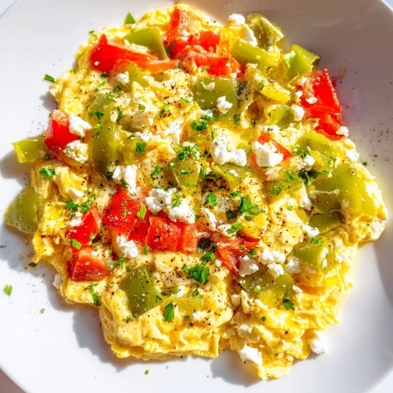 Vibrant photo of Turkish Menemen, a savory egg scramble with tomatoes and peppers, ready to eat.