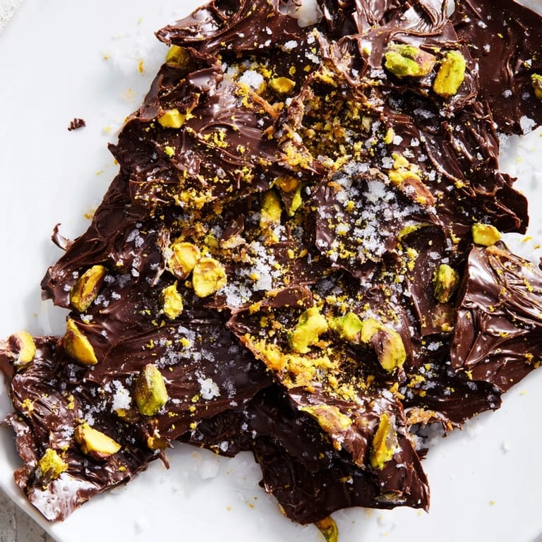 Melted chocolate enrobes the crunchy kataifi in this Kataifi Chocolate Crunch Bark, topped with pistachios.