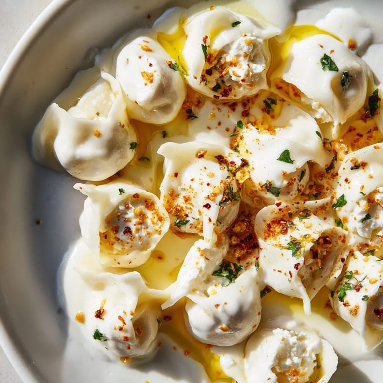 These golden-brown Turkish cheesy manti appear nestled in creamy yogurt, ready to be enjoyed.
