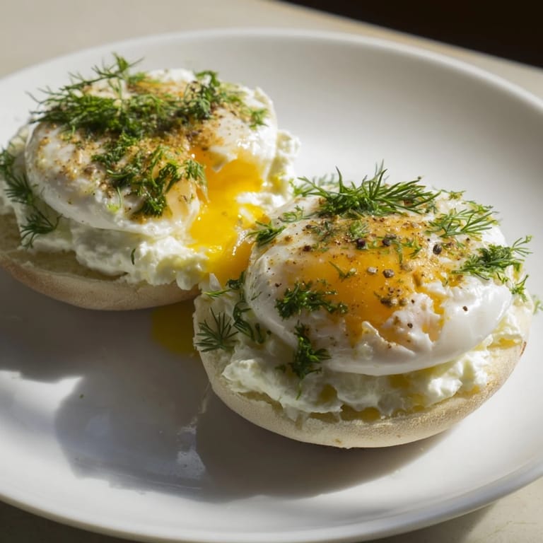 Elegantly plated Çılbır Eggs Benedict showcases creamy yogurt, golden eggs, and spiced butter ready to savor.