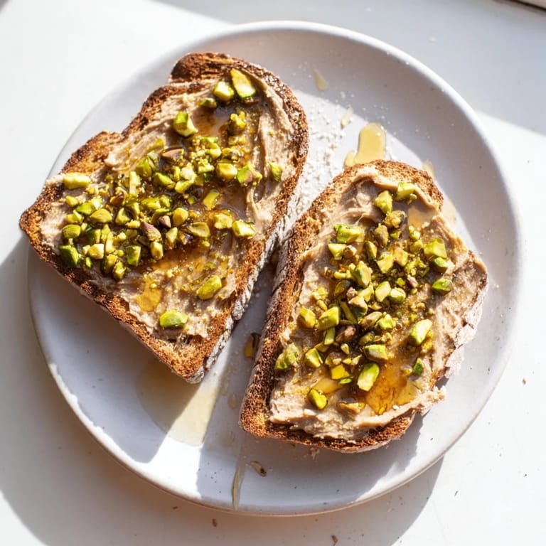 Honey-drizzled pistachio butter toast garnished with crunchy pistachios—a delightful breakfast treat.