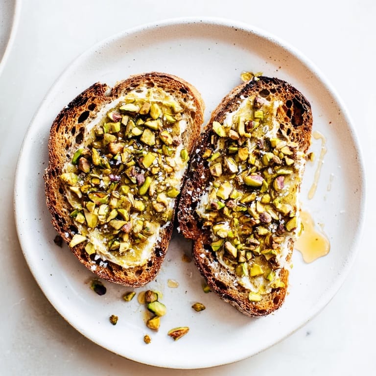 Close-up of pistachio butter toast, showing a swirl of honey and a scattering of vibrant pistachios.