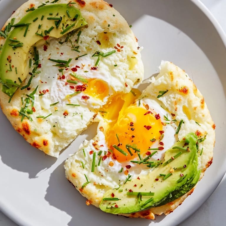 Golden, airy Cloud Bread Breakfast Clouds are garnished with chopped chives and a sprinkle of red pepper flakes, next to a fork ready for a gluten-free breakfast.