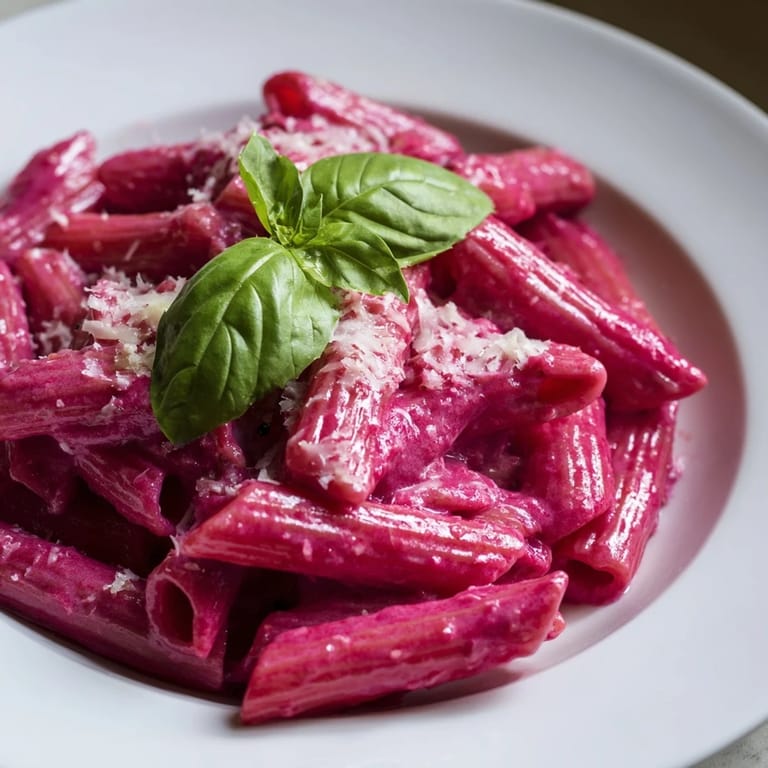 Plate of Pink Pasta with Beet Cream beside a glass of white wine, showcasing its vivid color and creamy texture.