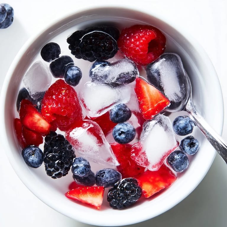 Top-down view of Nature's Cereal Bowl, showcasing colorful strawberries, blueberries, raspberries, and blackberries over ice.