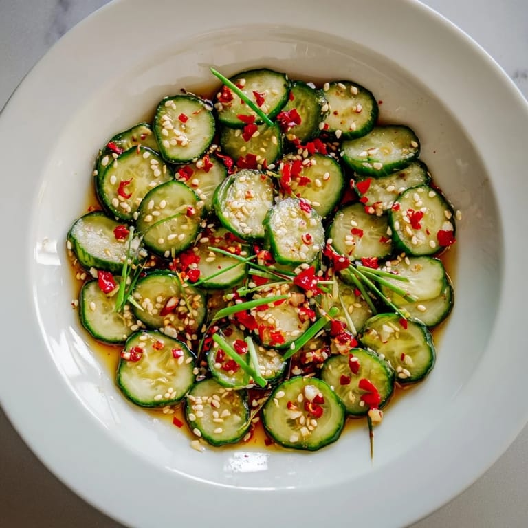 Shake Shake Garlic Cucumbers feature crunchy rounds tossed with chili flakes, sesame oil, and fresh green onions for an easy Asian-inspired salad.  