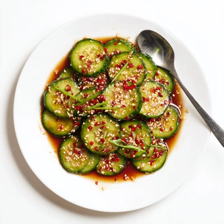 A close-up of glistening Shake Shake Garlic Cucumbers with sesame seeds and garlic, ready to serve chilled alongside grilled meats or rice.