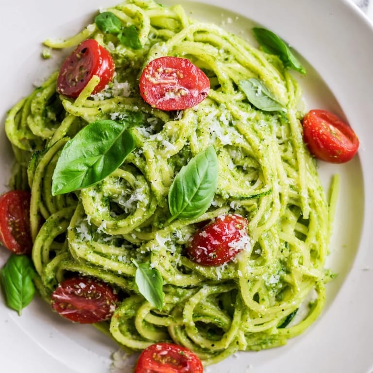 Healthy avocado pesto zoodles with bright cherry tomatoes and pine nuts, served as a light vegetarian main.