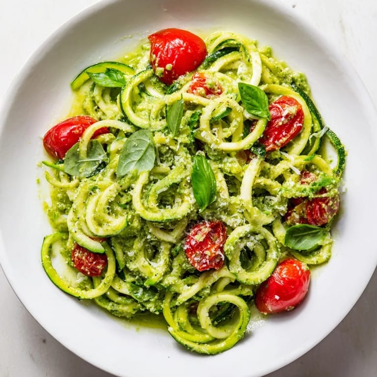 Warm zoodles tossed with vibrant avocado pesto, garnished with fresh basil and served in a white bowl.