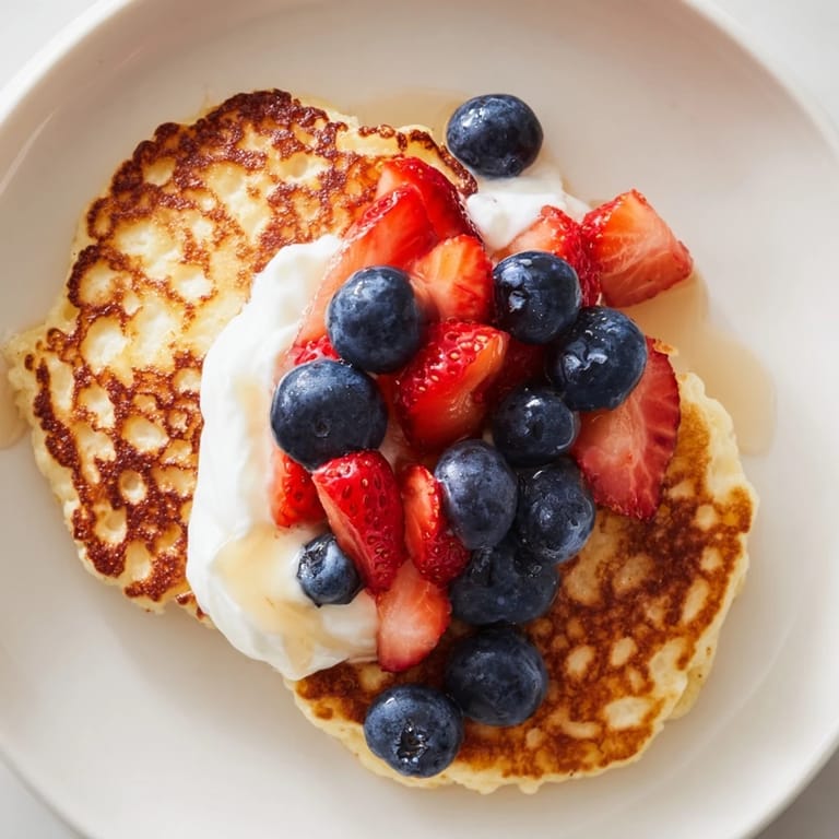Golden Cottage Cheese Pancakes sizzling on the griddle, ready to be enjoyed with nut butter and fresh fruit after a workout.
