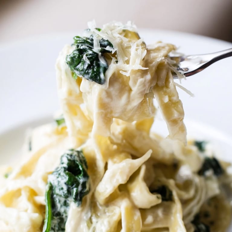 A close-up of creamy garlic spinach pasta twirled on a fork, showcasing the luscious green spinach.