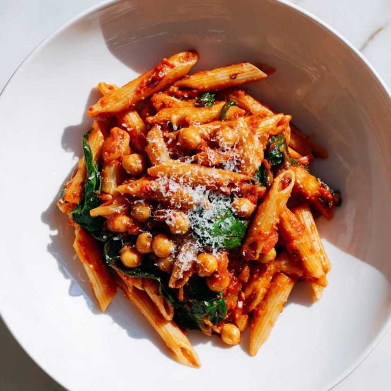 Serve this hearty Creamy Tuscan Chickpea Pasta with fresh basil and crusty bread for a comforting Italian-inspired vegetarian dinner.