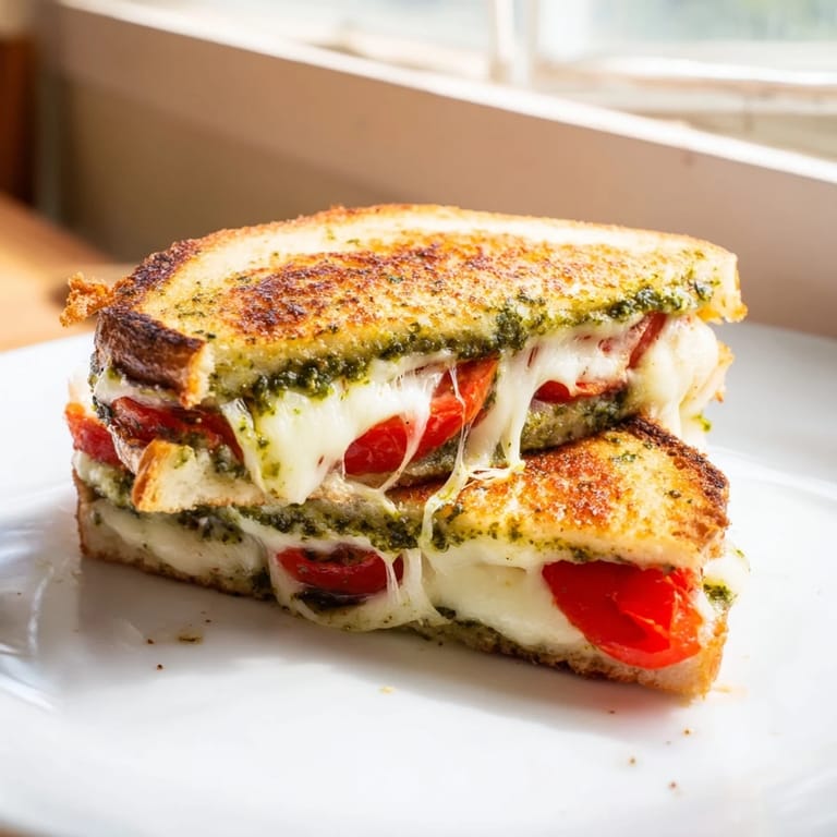 Fresh Caprese Pesto Grilled Cheese recipe featuring layers of creamy mozzarella, vibrant tomato, and basil pesto between two perfectly toasted sourdough slices.
