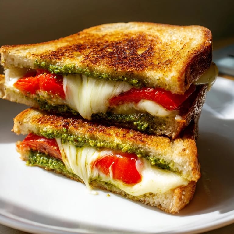 A close-up view of a homemade Caprese Pesto Grilled Cheese, revealing gooey melted cheese and juicy tomato stacked between golden, buttery bread.