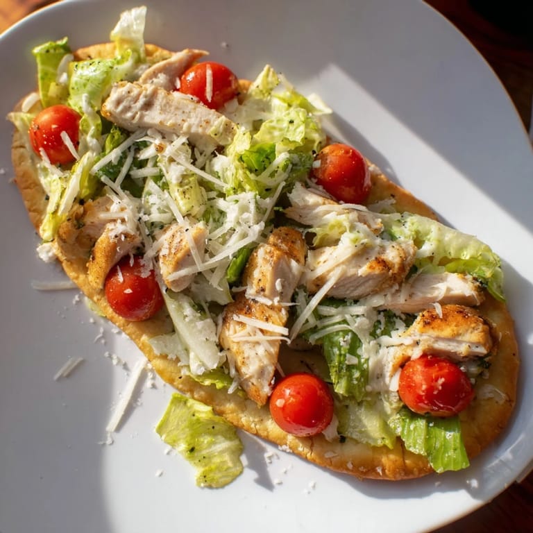 Warm Chicken Caesar Flatbread topped with juicy grilled chicken and shaved parmesan.