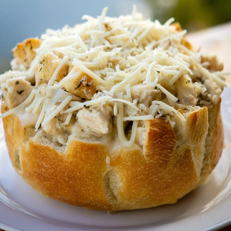 A close-up of a warm bread bowl filled with rich chicken Alfredo sauce, its creamy texture clinging to tender diced chicken and freshly grated Parmesan.