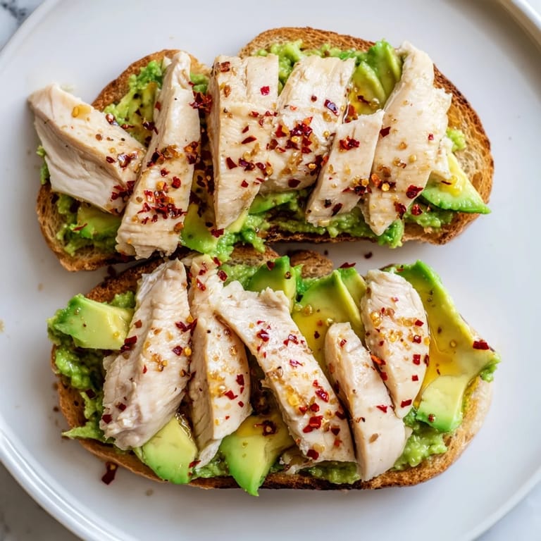 Savory-sweet smashed avocado chicken toast with tender grilled chicken, smooth avocado, and a sprinkle of chili flakes on golden toast.