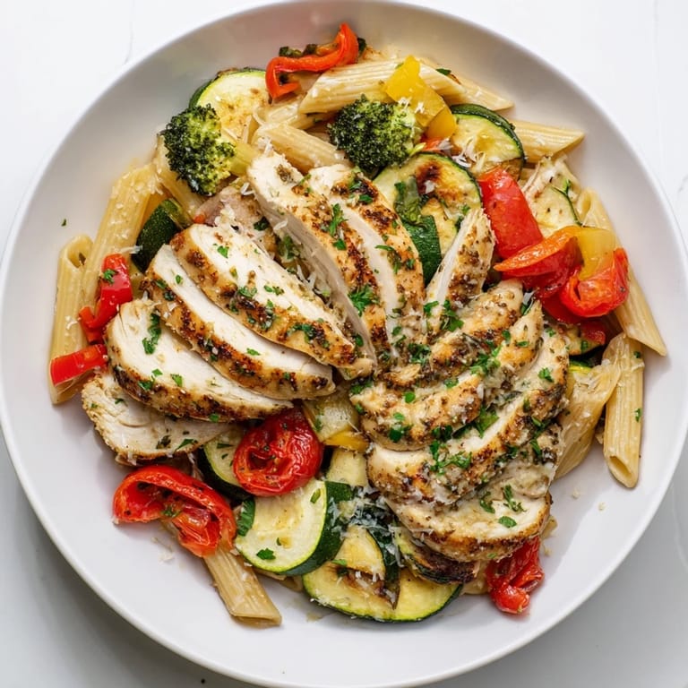 A close-up view of Garlic Herb Chicken & Veg Pasta featuring al dente penne tossed with vibrant bell peppers and zucchini.