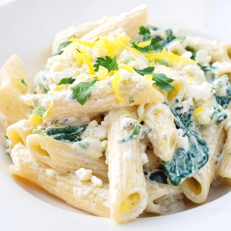 Freshly grated lemon zest and chopped basil garnish this Mediterranean Creamy Feta Spinach Pasta, perfect for a quick weeknight vegetarian dinner.