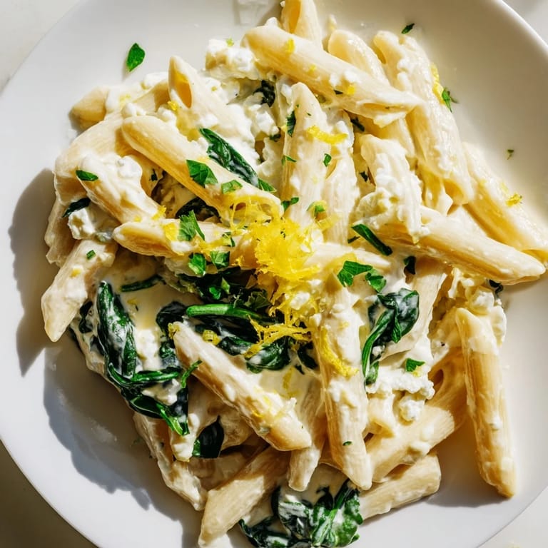 A close-up of Creamy Feta Spinach Pasta reveals steam rising from tender spinach and melted feta clinging to each noodle.