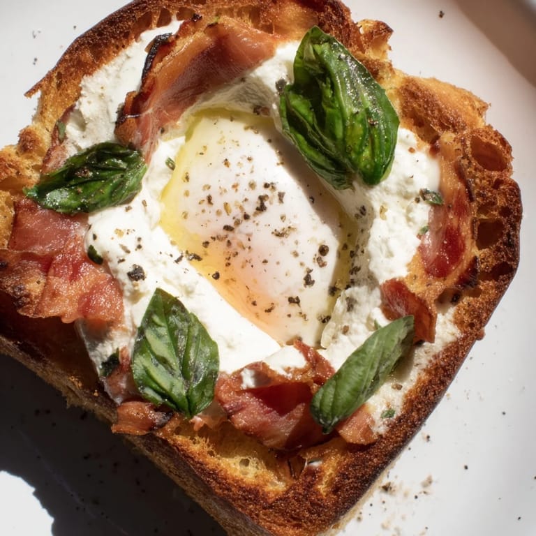 Crispy Prosciutto & Burrata Grilled Cheese is served warm on a wooden board.  