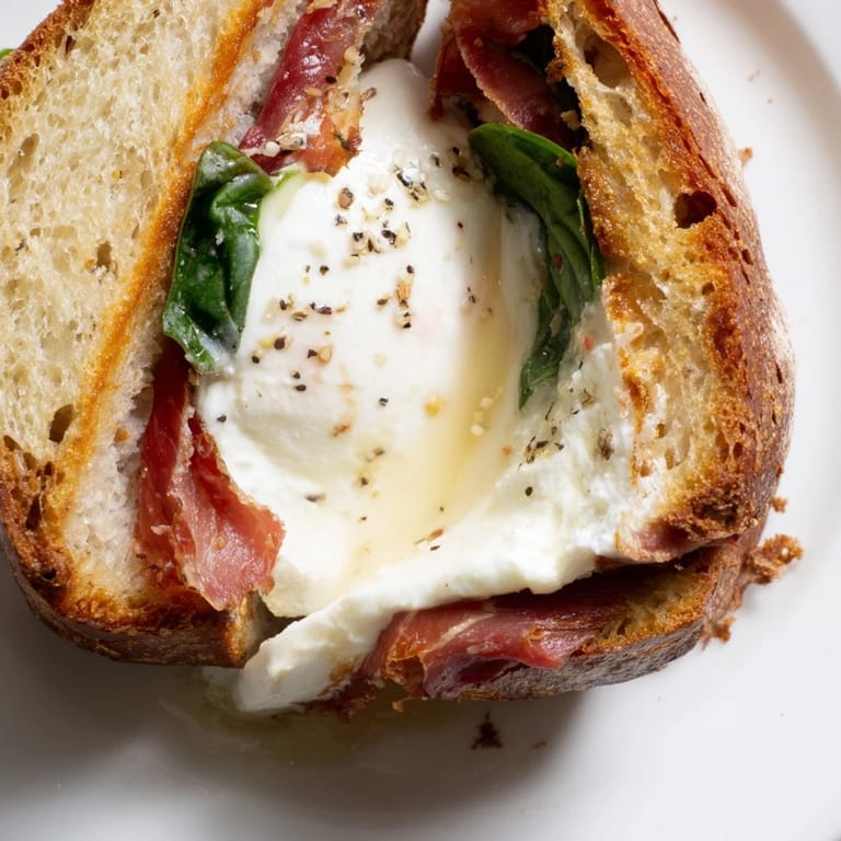Buttery, toasted sandwich filled with creamy burrata and savory prosciutto, perfect for lunch.