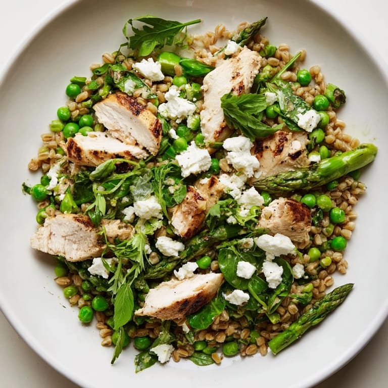 A hearty, healthy bowl of Warm Spring Farro Chicken Salad topped with crumbled feta and fresh herbs.