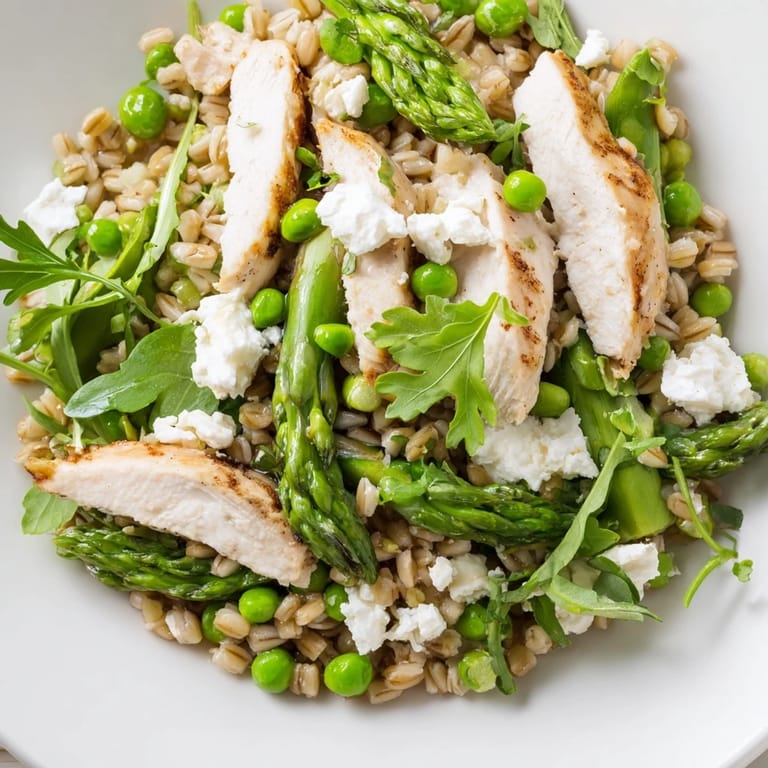 Tender slices of chicken and farro in Warm Spring Farro Chicken Salad, tossed with peppery arugula and lemon dressing.