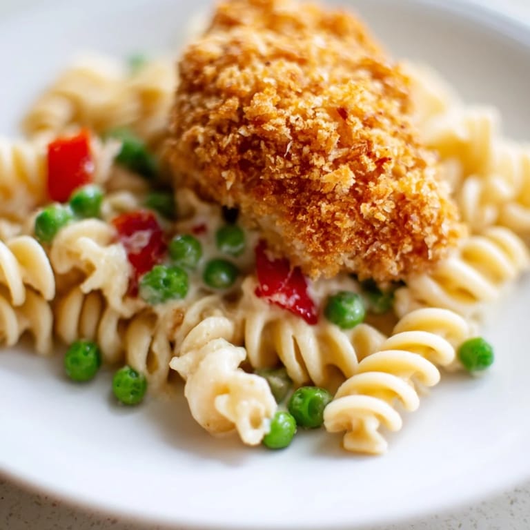 A close-up view of Crispy Chicken Ranch Pasta Salad showcases crunchy panko-coated chicken pieces, vibrant green peas, and fresh herbs on a chilled serving platter.