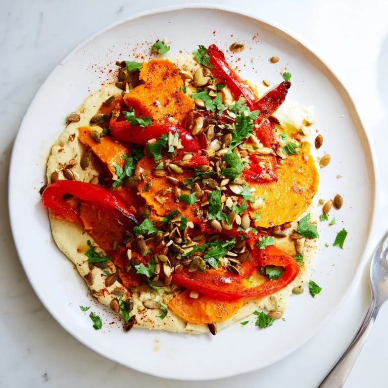 Fork-ready Roast Squash and Hummus Winter Salad offers a bed of smooth hummus topped with tender roasted vegetables and a sprinkle of toasted seeds.