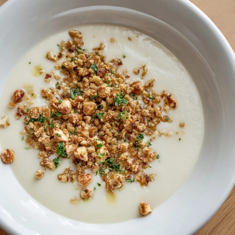 Golden hazelnut crumble over creamy celeriac soup garnished with parsley, served in a warm, rustic kitchen setting.
