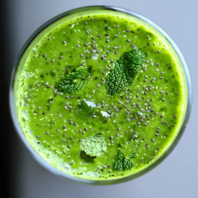 A tall glass of green detox smoothie beside sliced apple and chia seeds, a perfect nutrient-packed breakfast beverage.