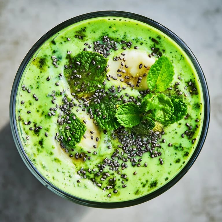 Vegan green detox smoothie poured into a glass, garnished with mint, ready for a quick and revitalizing start.
