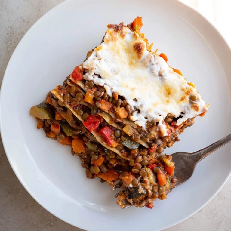 Close-up of the One-Pan Smoky Veggie Lentil Lasagne highlighting the golden-brown cheese crust and fork-ready layers of vegetables and lentils, ideal for a comforting vegetarian dinner.