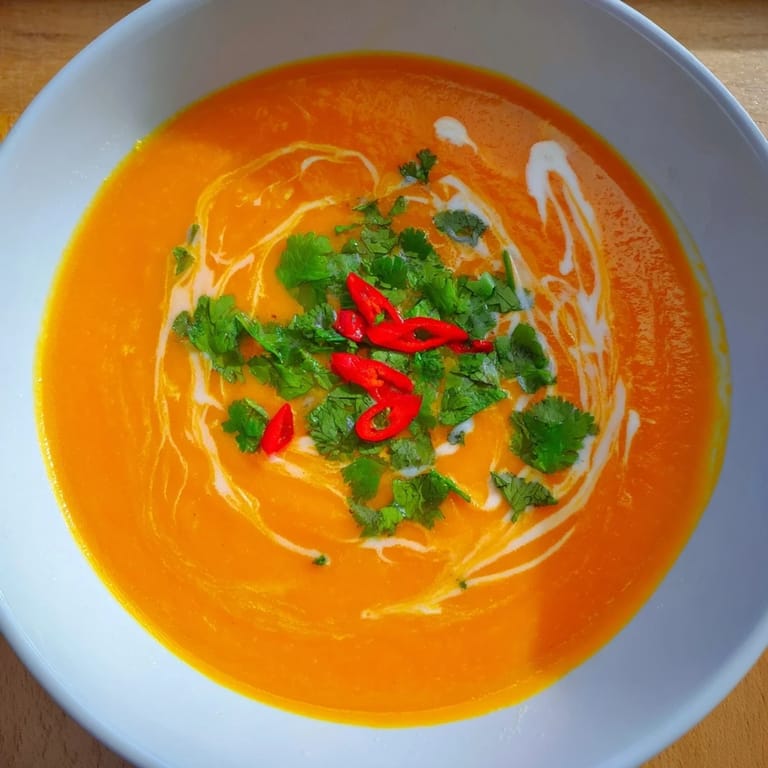 Served with crusty gluten-free bread, a hearty bowl of Carrot, Celeriac, and Chilli Soup showcases its smooth, spiced texture.