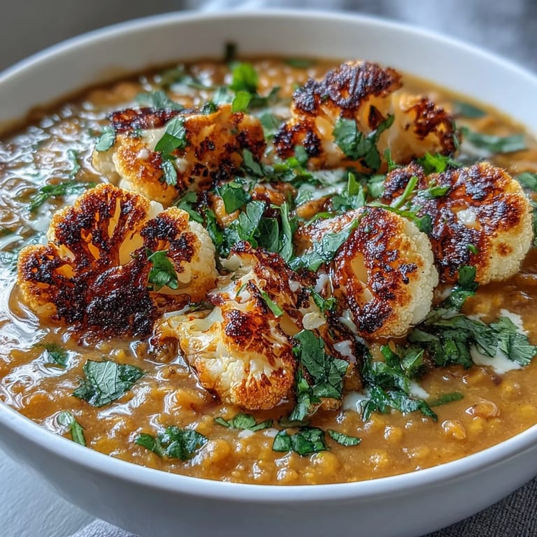 Warm, spiced dhal topped with golden cumin-roasted cauliflower florets, ready to serve.
