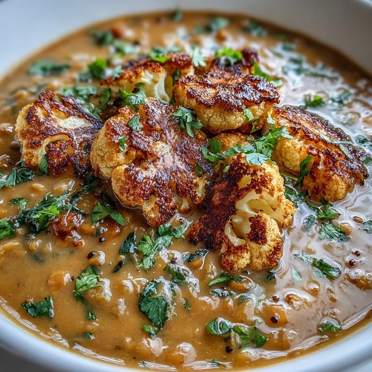 Aromatic lentil dhal with tender, flavorful cumin-roasted cauliflower chunks, a vegan delight.