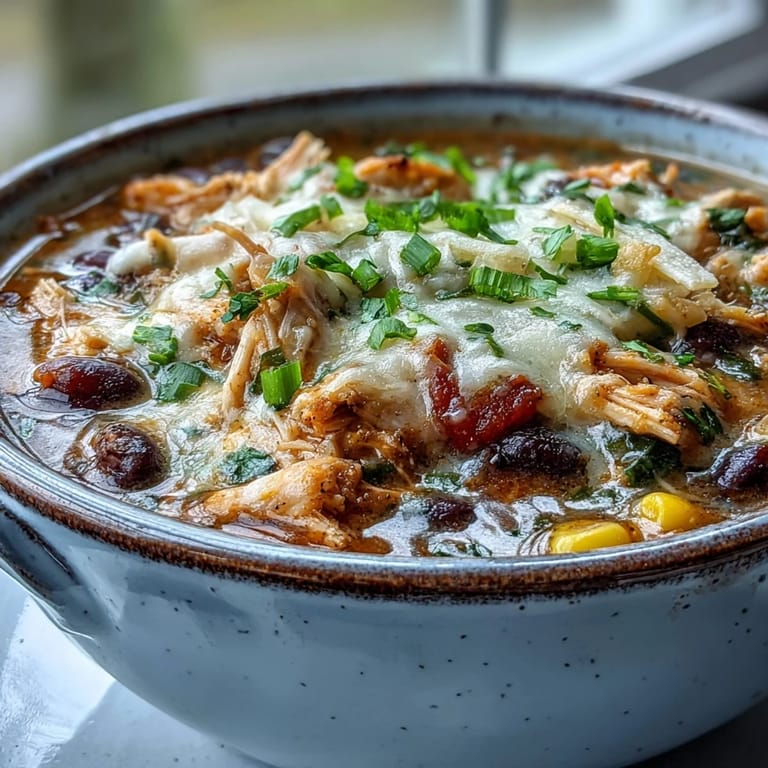 Creamy Easy Chicken Tortilla Soup garnished with jalapeños and lime wedges on a rustic table.