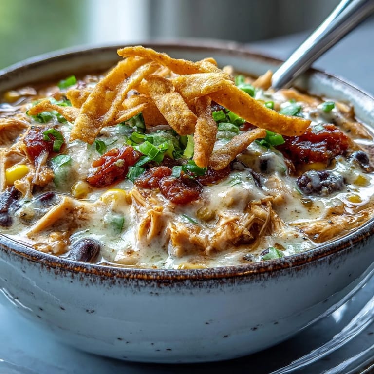 Hearty Easy Chicken Tortilla Soup with tender chicken, black beans, and corn in a cozy bowl.