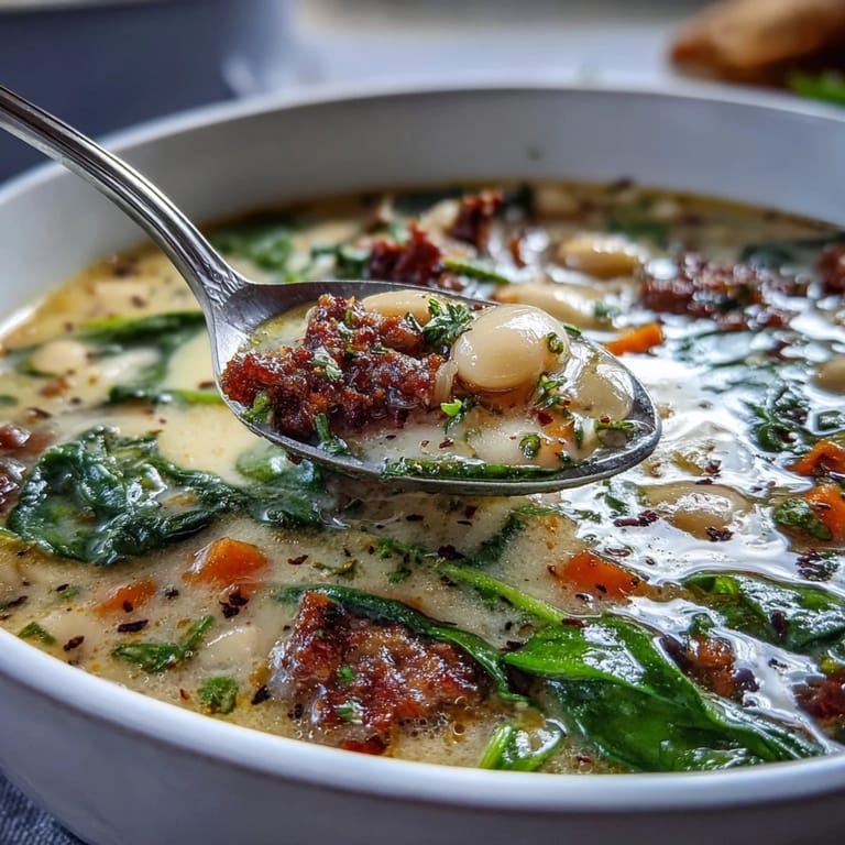 Spoon lifting a ladle of Epic Creamy Tuscan White Bean Soup with Sausage from a pot, showing creamy broth, carrots, and beans.