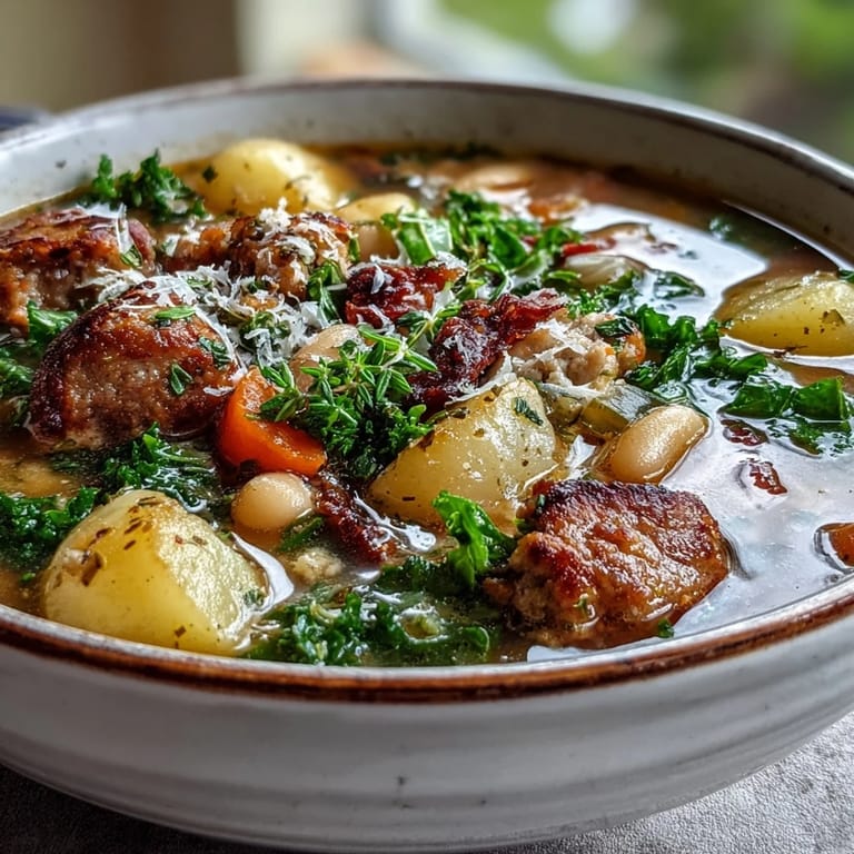A rustic Tuscan White Bean Sausage Soup served in a dark bowl with fresh basil, olive oil, and crusty bread on the side.