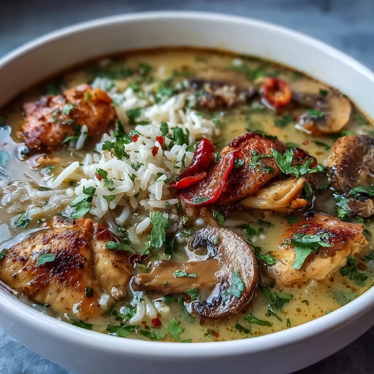 Thai Coconut Curry Soup served steaming hot, garnished with fresh cilantro and lime wedges alongside fluffy jasmine rice on the side.