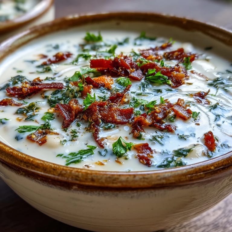 Savory Creamy Tuscan White Bean Soup garnished with crispy pancetta, fresh basil, and a rich, creamy broth in a rustic bowl.