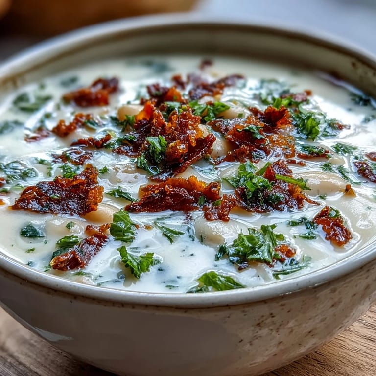 A close-up of Creamy Tuscan White Bean Soup with a velvety texture, topped with grated Parmesan cheese and a drizzle of olive oil.