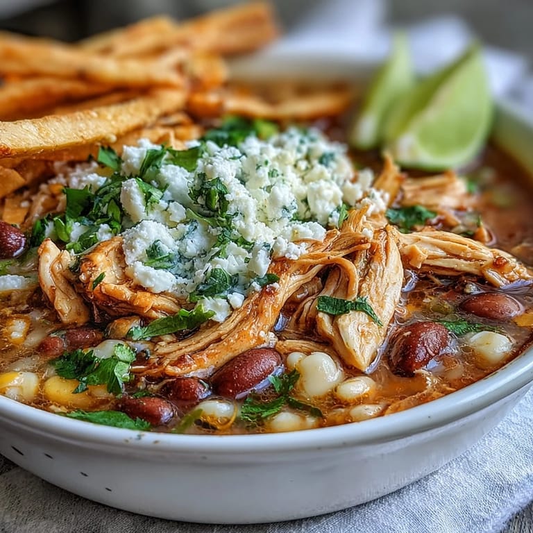 Family-style Chicken Tortilla Soup served in a rustic pot with toppings on the side.