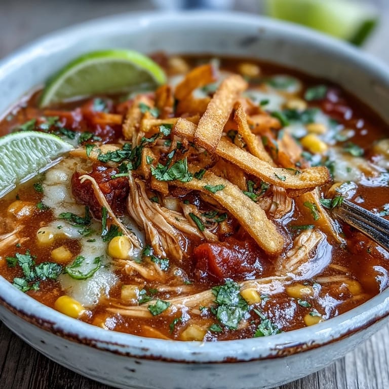Best Chicken Tortilla Soup simmering in a large pot with tender chicken, fire-roasted tomatoes, corn, and chopped red bell pepper visible.