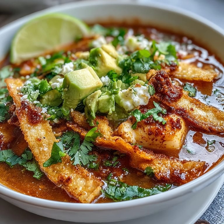 A warm bowl of Sopa Azteca garnished with creamy panela, diced avocado, and chopped cilantro beside lime wedges.